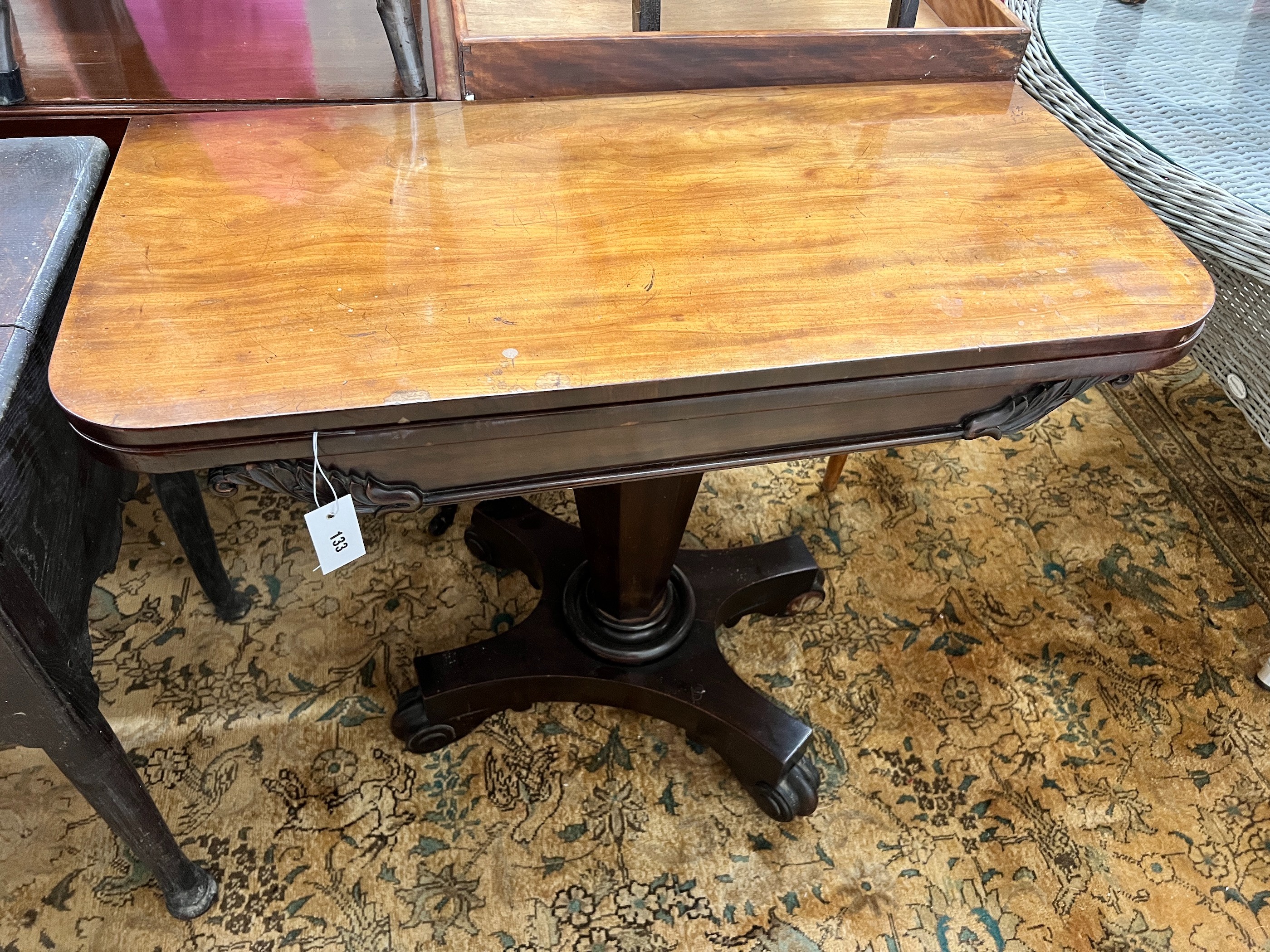 An early Victorian rectangular mahogany folding card table, width 91cm, depth 44cm, height 73cm